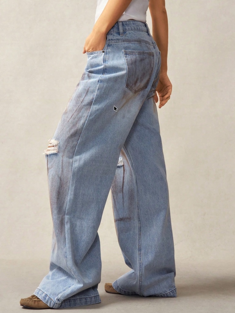Light Wash Distressed Wide leg Low Waist Denim Jeans pants - Picture 3 of 8